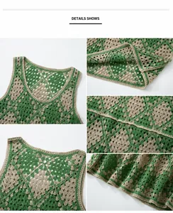 Detailed views of the green and beige diamond hollow-out knit pattern on this men's vest