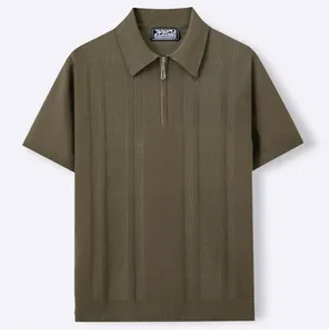 Close-up detail of a men's olive green half-zip knitted polo shirt with ribbed texture
