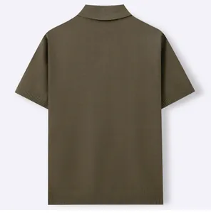 Back view of a premium men's short-sleeved knitted polo shirt in dark olive green