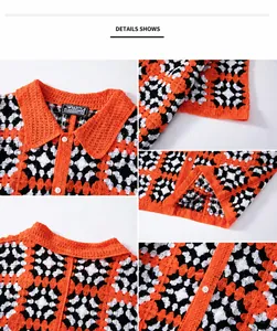 Close-up of orange and black crochet knit polo shirt detailing texture and buttons