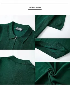 Close-up detail views showing the texture and zipper of a dark green knitted Polo shirt