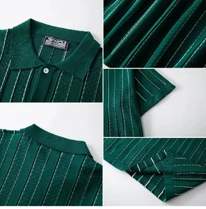 Dettaglio della trama della polo in maglia a righe verdi con colletto e tessuto