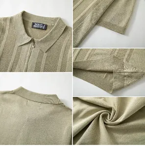 Detail view of khaki men's knitted Polo shirt showing vertical rib texture and half-zip collar.
