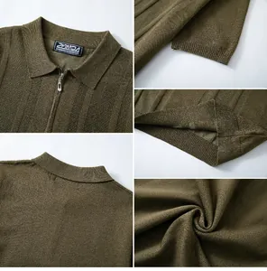 Detailed macro view of olive green men's knitted Polo shirt featuring half-zip collar