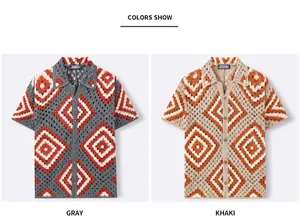 Men's casual hollow crochet knit polo shirt with vintage diamond jacquard pattern