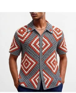 Detailed view of men's hollow crochet knit shirt with geometric diamond pattern
