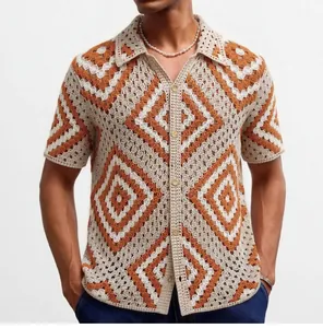 Detailed texture view of men's retro hollow crochet shirt with a stylish diamond pattern