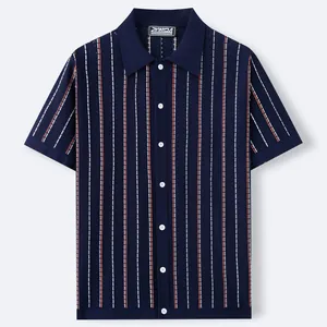 Polo in maglia a righe blu navy da uomo, elegante cardigan a maniche corte chic
