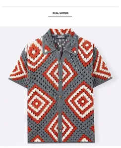 Front view of men's crochet knit shirt with orange and grey diamond patterns