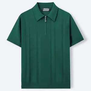 Premium dark green men's short sleeve knit Polo shirt with half-zip and vertical stripes