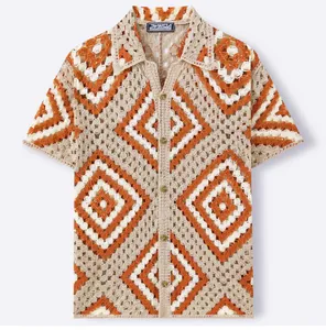 Close-up of men's crochet knit shirt featuring an orange diamond hollow-out pattern