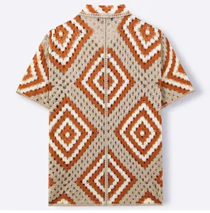 Back view of men's crochet knit shirt with hollow diamond pattern in warm earth tones