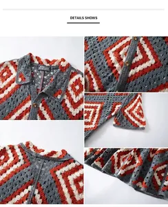 Close-up of men's hollow crochet knit shirt with diamond jacquard texture and polo collar