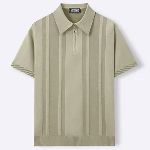 Premium light olive men's half-zip knitted Polo shirt with stylish vertical ribbed texture