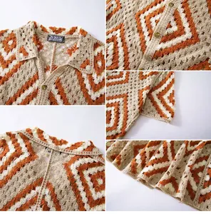 Detailed view of men's hollow-out crochet knit polo shirt with geometric patterns