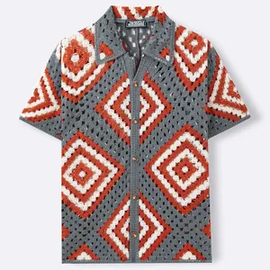 Men's retro crochet short sleeve knit shirt with geometric diamond pattern SY0228