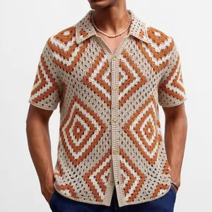 Men's vintage bohemian style crochet knit polo shirt with geometric diamond pattern