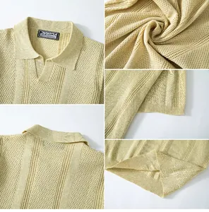 Macro view of the hollow-out ice silk knitted fabric and collar details of men's polo