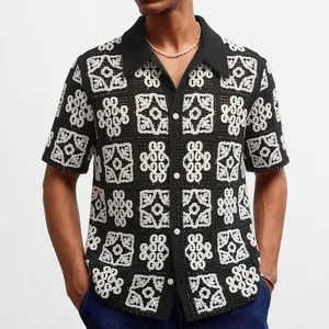 Men's black and white contrast crochet hollow knit short-sleeve polo shirt