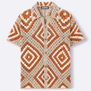 Vintage men's hollow out crochet knit short sleeve button down shirt with diamond pattern