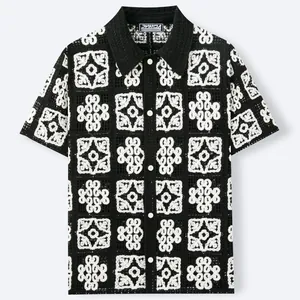 Men's vintage black and white crochet knit short sleeve polo shirt with hollow design