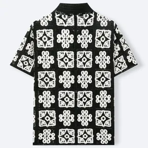 Men's black and white crochet knit polo shirt with geometric hollow out design pattern