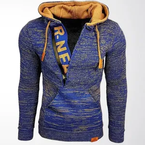 Sudadera de punto azul y naranja para hombre con media cremallera y bolsillo canguro