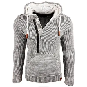 Sudadera de punto con capucha para hombre con media cremallera y bolsillo gris