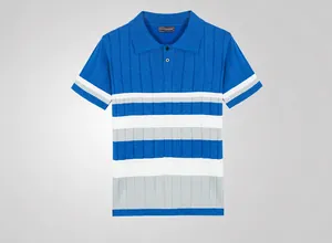 Men's blue ribbed knit polo shirt featuring stylish white and grey colorblock stripes