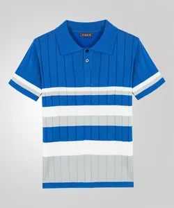 Detail of men's ribbed knit Polo shirt featuring blue and white horizontal stripes