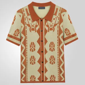 Men's short-sleeved knitted ethnic jacquard Polo cardigan in orange and beige