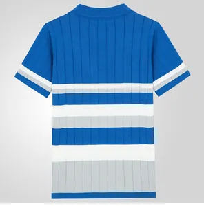 Back view of men's knitted blue striped polo shirt with ribbed texture