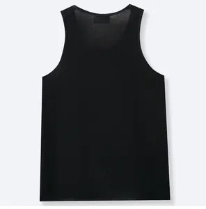 Vista detallada de la fina textura de punto de este chaleco negro sin mangas con cuello en U