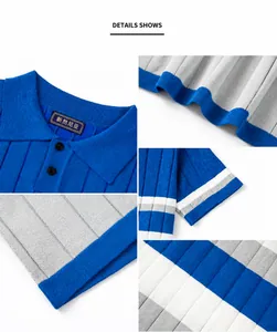 Detail views of men's ribbed knit Polo shirt with blue and grey color block stripes