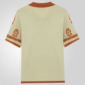 Back view of men's short-sleeved knitted polo cardigan with ethnic jacquard patterns