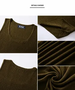 Primeros planos de la textura de punto fino y cuello en U de este chaleco de hombre verde