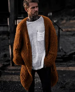 Oversized men's chunky knit brown cardigan featuring a relaxed fit and drop shoulders