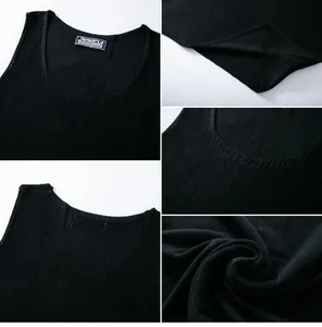Primer plano detallado de la textura y costuras de la camiseta de punto negra para hombre
