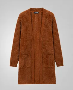 Full view of a brown men's ribbed knit cardigan with loose open-front design.