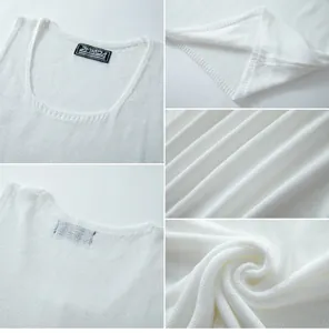 Vista detallada de la camiseta blanca de punto sin mangas con cuello en U y textura de tela