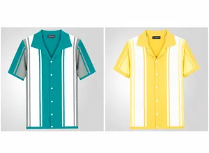 Polo in maglia da uomo con strisce a contrasto nei colori blu e giallo per l'estate