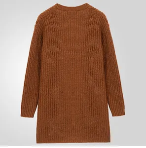 Back view of a brown men's ribbed knit cardigan with loose drop shoulder design.