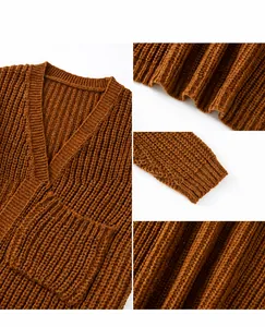 Close-up details of brown ribbed knit texture and pocket on men's chunky cardigan