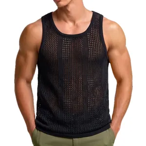 Men's black knitted hollow mesh tank top with deep U-neck for summer casual wear