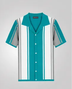 Dettaglio polo in maglia da uomo con strisce verticali color verde acqua e bianco