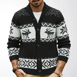 Cardigan in maglia da uomo con motivo jacquard renna di Natale e collo a scialle bianco e nero