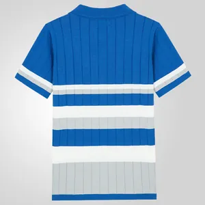 Blue and white striped short sleeve knitted polo shirt for men with ribbed texture.