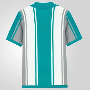 Vista posteriore di polo da uomo in maglia a righe color verde acqua e bianco