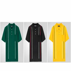 Men's short-sleeved knit polo shirt featuring vertical stripes and pocket detail