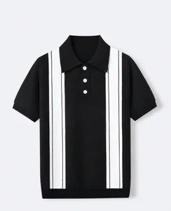 Polo da uomo in maglia nera con strisce verticali bianche a contrasto e colletto